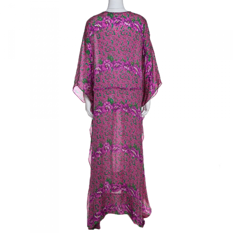Pre Owned Roberto Cavalli Pink Floral Print Silk Kaftan Dress M