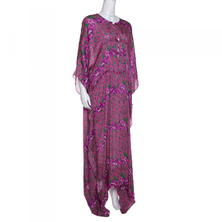 Pre Owned Roberto Cavalli Pink Floral Print Silk Kaftan Dress M