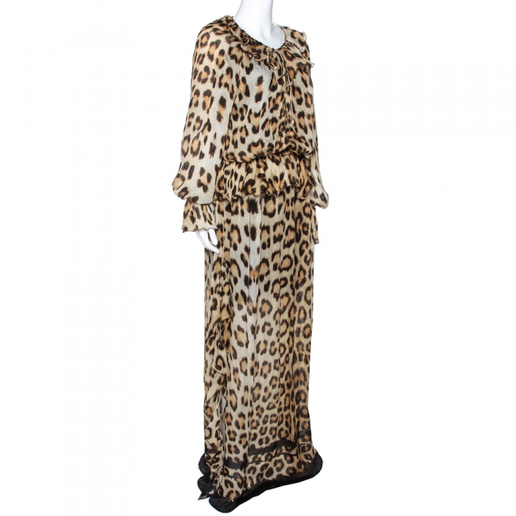 Pre Owned Roberto Cavalli Brown Animal Print Silk Maxi Dress L