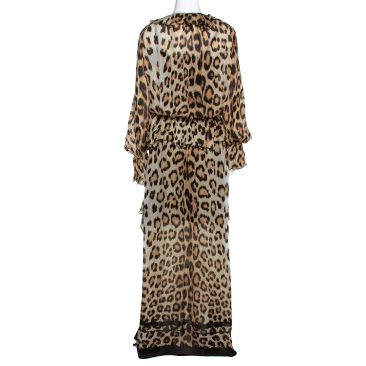 Pre Owned Roberto Cavalli Brown Animal Print Silk Maxi Dress L