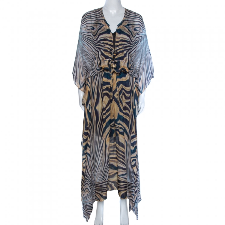 Pre Owned Roberto Cavalli Multicolor Wave Print Silk Maxi Dress M