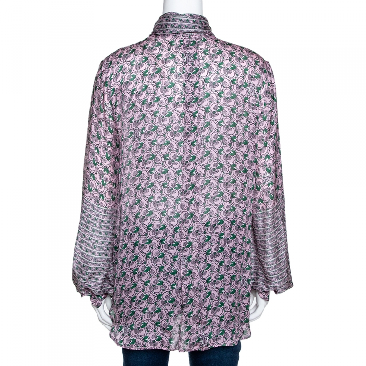 Pre Owned Roberto Cavalli Pale Pink Rose Print Silk Sheer Blouse L