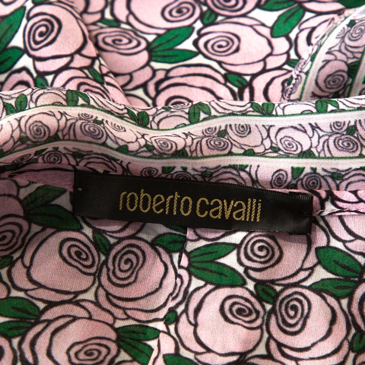 Pre Owned Roberto Cavalli Pale Pink Rose Print Silk Sheer Blouse L
