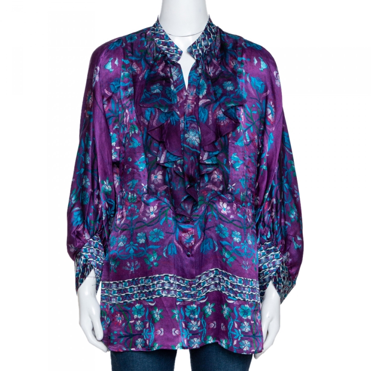 Pre Owned Roberto Cavalli Purple Floral Print Silk Ruffled Blouse L