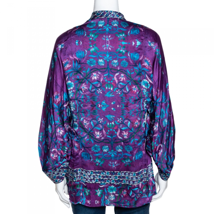 Pre Owned Roberto Cavalli Purple Floral Print Silk Ruffled Blouse L
