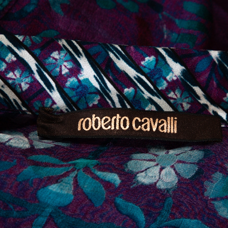 Pre Owned Roberto Cavalli Purple Floral Print Silk Ruffled Blouse L