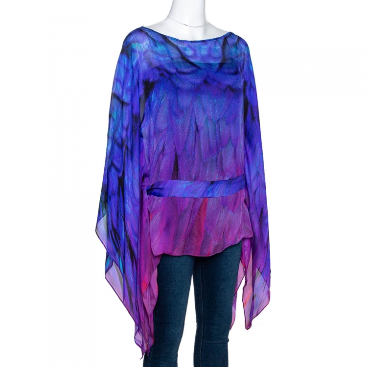 Pre Owned Roberto Cavalli Purple Printed Silk Belted Sheer Kaftan Top M