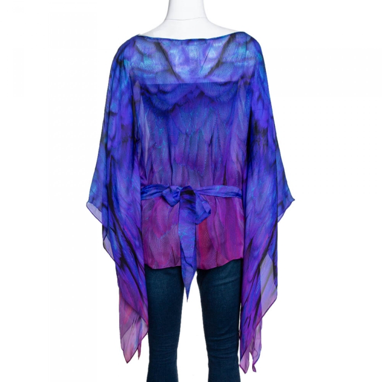Pre Owned Roberto Cavalli Purple Printed Silk Belted Sheer Kaftan Top M