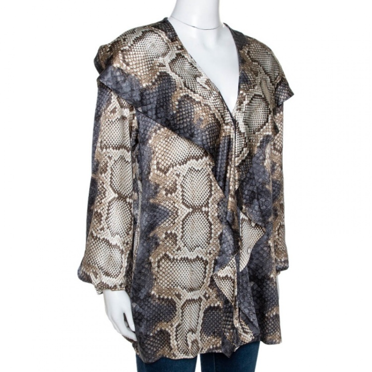 Pre Owned Roberto Cavalli Grey Snake Print Silk Satin Ruffled Blouse L
