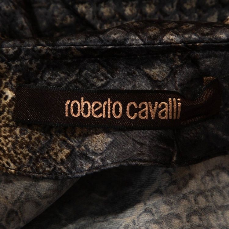 Pre Owned Roberto Cavalli Grey Snake Print Silk Satin Ruffled Blouse L