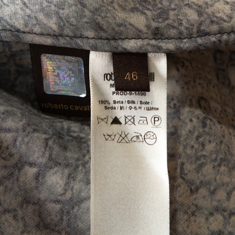 Pre Owned Roberto Cavalli Grey Snake Print Silk Satin Ruffled Blouse L