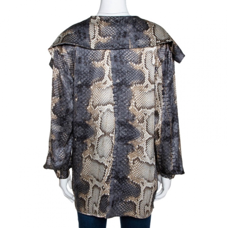 Pre Owned Roberto Cavalli Grey Snake Print Silk Satin Ruffled Blouse L