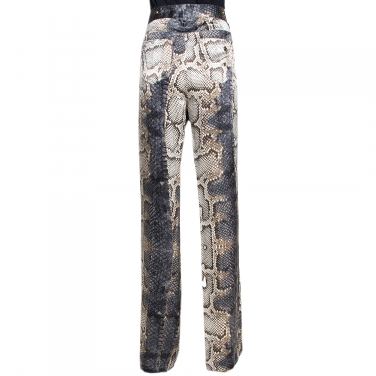 Pre Owned Roberto Cavalli Grey Snakeskin Printed Silk Straight Leg Trousers L