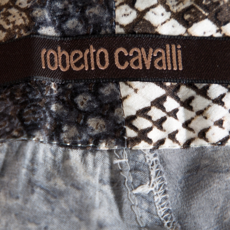 Pre Owned Roberto Cavalli Grey Snakeskin Printed Silk Straight Leg Trousers L