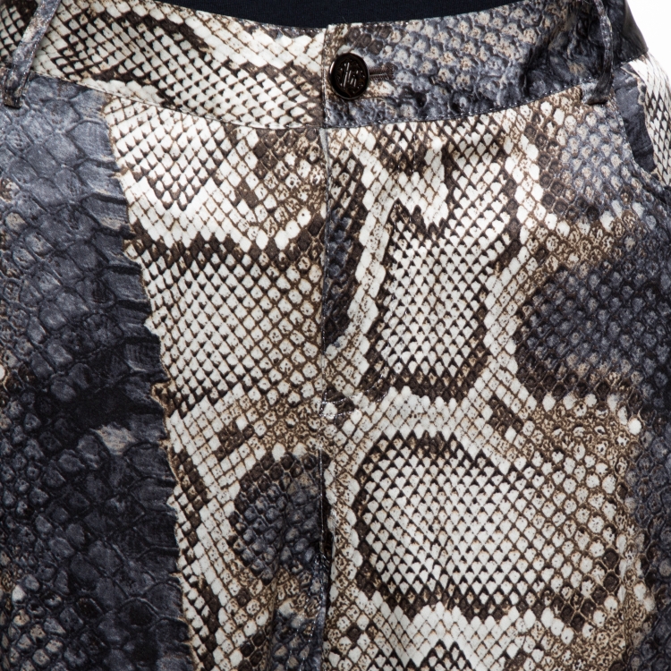 Pre Owned Roberto Cavalli Grey Snakeskin Printed Silk Straight Leg Trousers L
