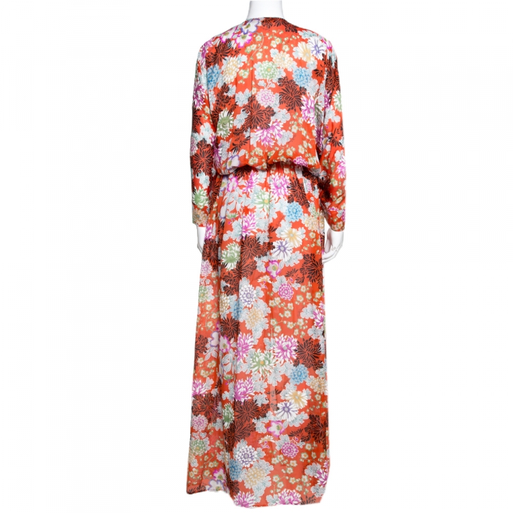 Pre Owned Roberto Cavalli Orange Floral Print Silk Front Slit Detail Maxi Kaftan M