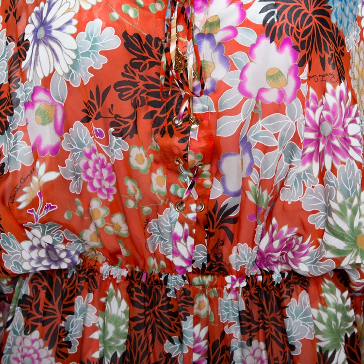 Pre Owned Roberto Cavalli Orange Floral Print Silk Front Slit Detail Maxi Kaftan M