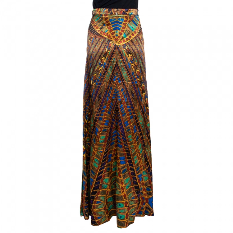 Pre Owned Roberto Cavalli Multicolor Egyptian Print Silk Satin Maxi Skirt L