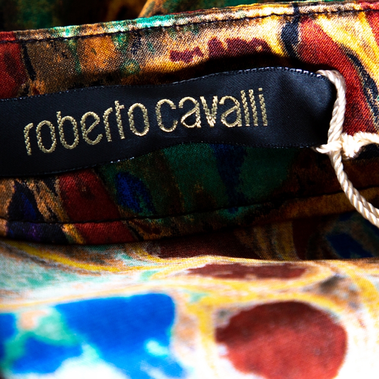 Pre Owned Roberto Cavalli Multicolor Egyptian Print Silk Satin Maxi Skirt L