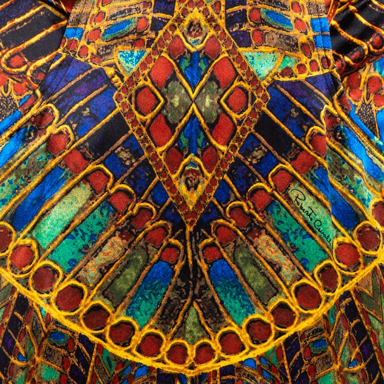 Pre Owned Roberto Cavalli Multicolor Egyptian Print Silk Satin Maxi Skirt L