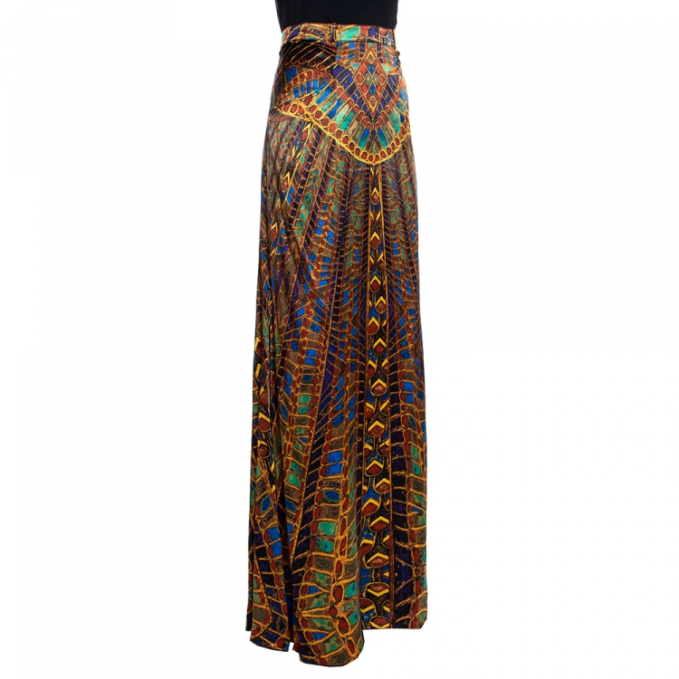 Pre Owned Roberto Cavalli Multicolor Egyptian Print Silk Satin Maxi Skirt L