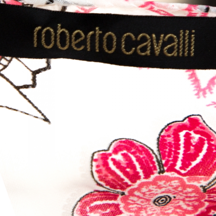 Pre Owned Roberto Cavalli Pink & White Printed Silk Ruffled Tiered Top M