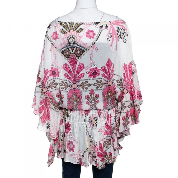 Pre Owned Roberto Cavalli Pink & White Printed Silk Ruffled Tiered Top M
