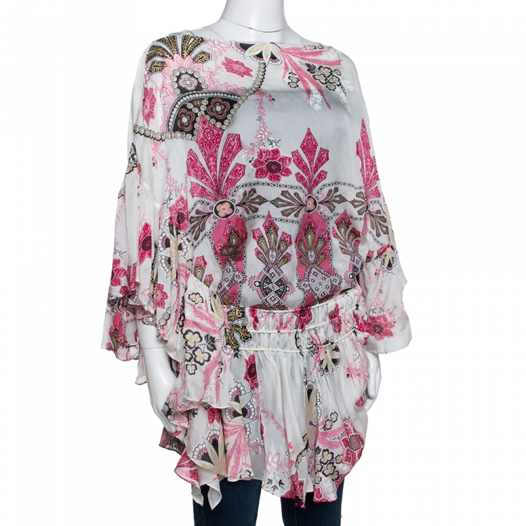 Pre Owned Roberto Cavalli Pink & White Printed Silk Ruffled Tiered Top M