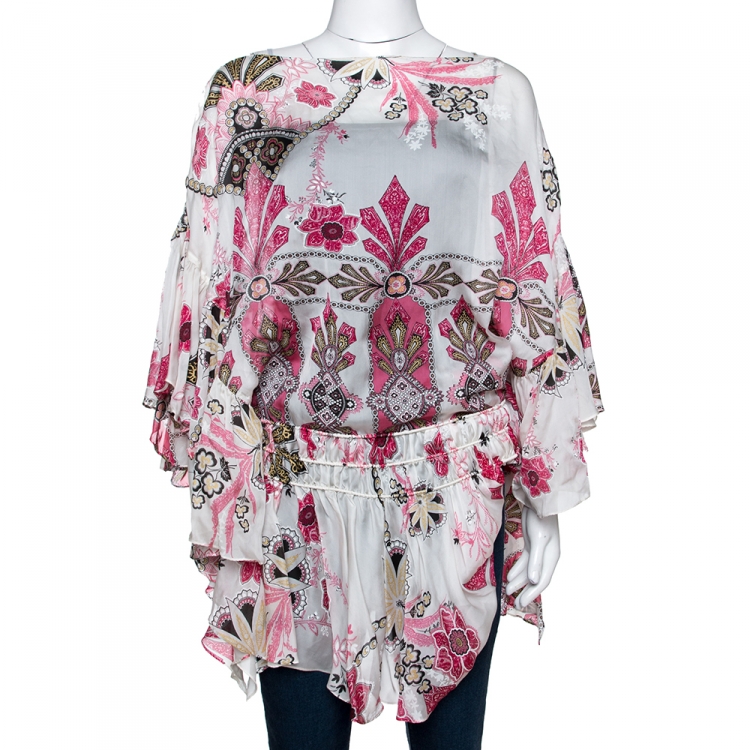 Pre Owned Roberto Cavalli Pink & White Printed Silk Ruffled Tiered Top M