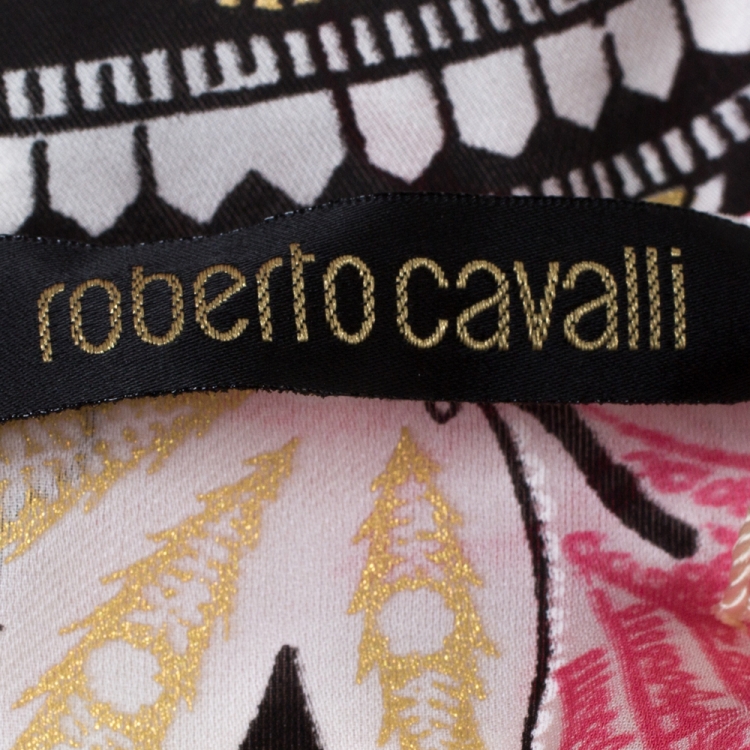 Pre Owned Roberto Cavalli Pink & White Printed Silk Ruffled Tiered Top M