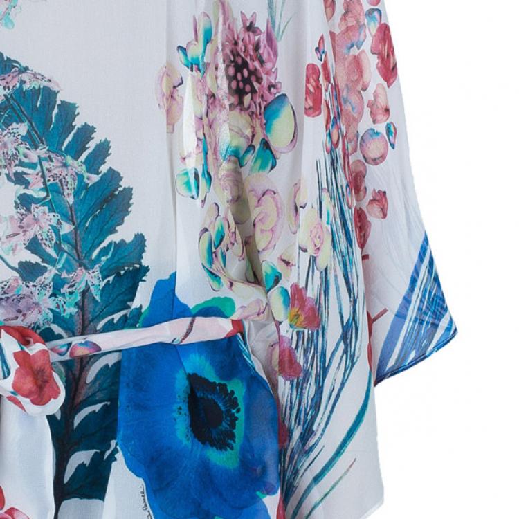 مملوكة مسبقًا Roberto Cavalli Silk Floral Belted Kaftan Top M