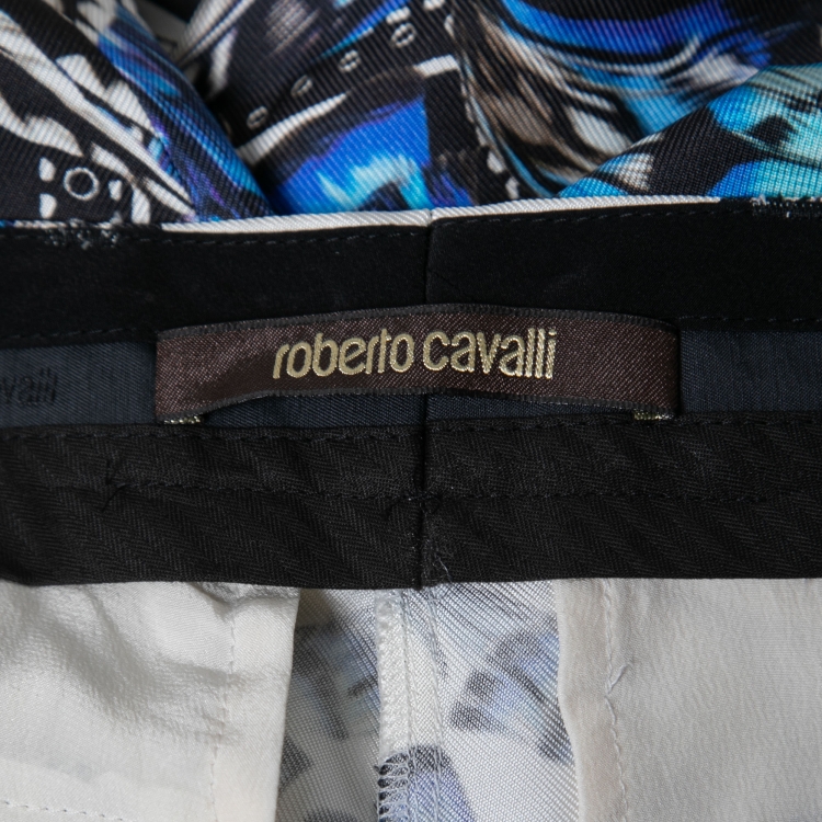 Pre Owned Roberto Cavalli Blue Printed Silk Pants M