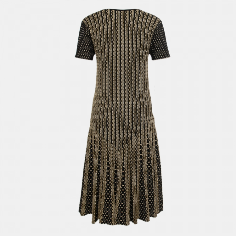 Pre Owned Roberto Cavalli Black & Gold Patterned Stretch Knit Midi Dress L