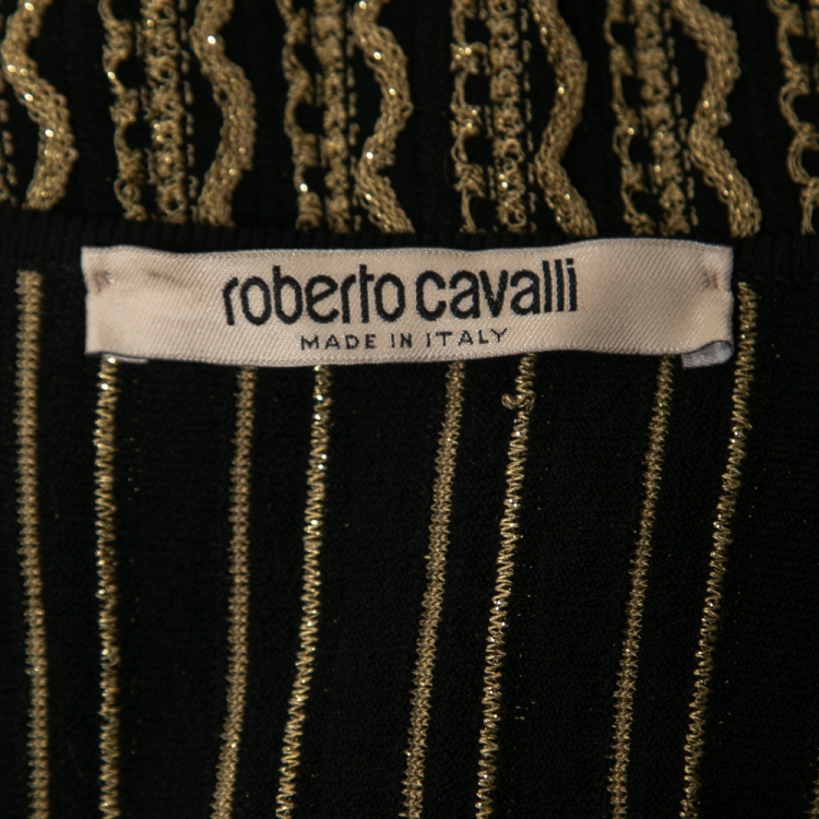 Pre Owned Roberto Cavalli Black & Gold Patterned Stretch Knit Midi Dress L