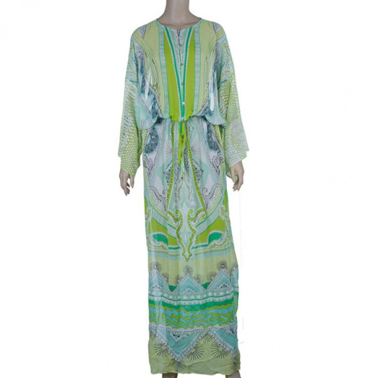Pre Owned Roberto Cavalli Green Silk Printed Kaftan M