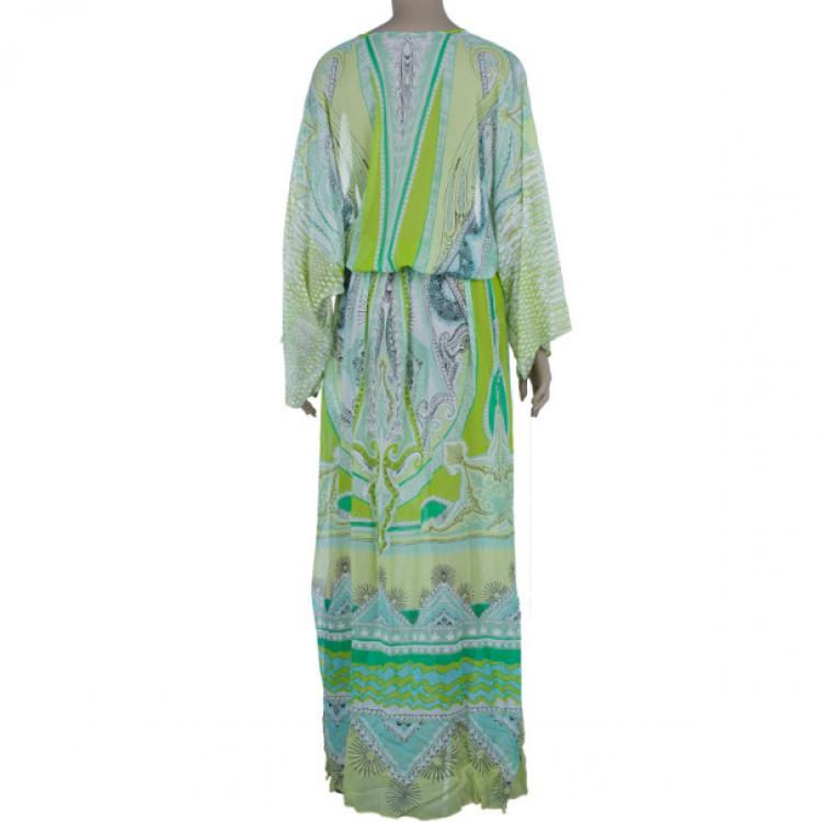 Pre Owned Roberto Cavalli Green Silk Printed Kaftan M