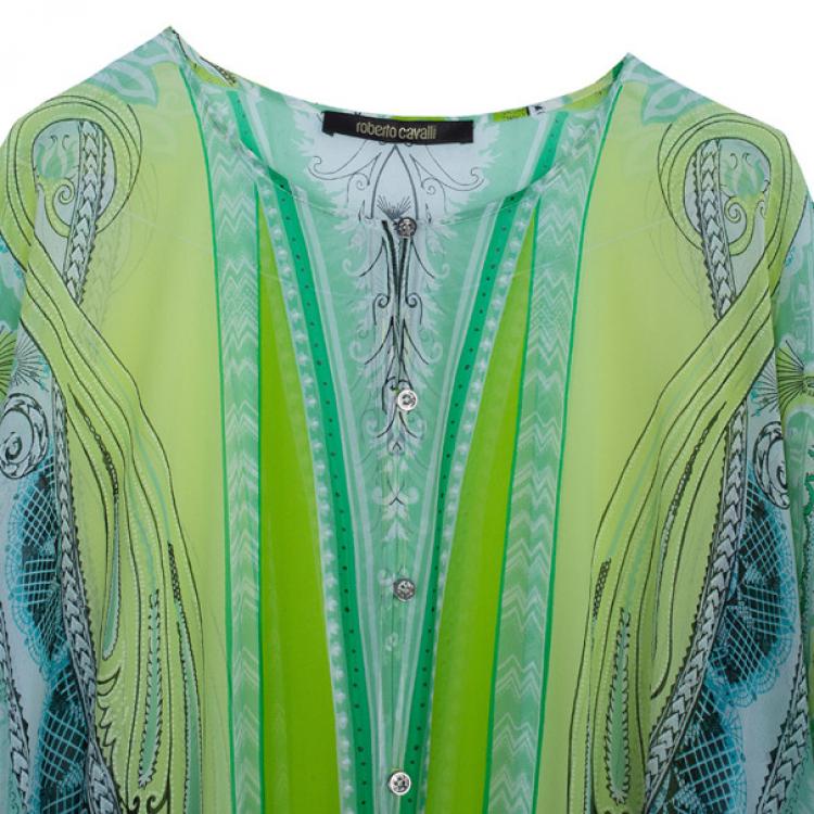 Pre Owned Roberto Cavalli Green Silk Printed Kaftan M