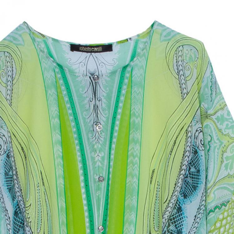 Pre Owned Roberto Cavalli Green Silk Printed Kaftan M