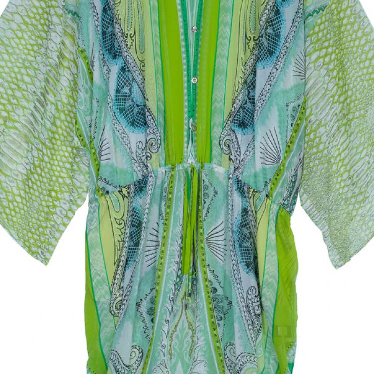 Pre Owned Roberto Cavalli Green Silk Printed Kaftan M