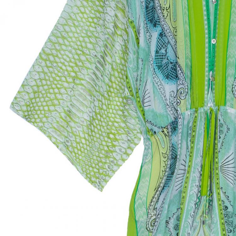 Pre Owned Roberto Cavalli Green Silk Printed Kaftan M