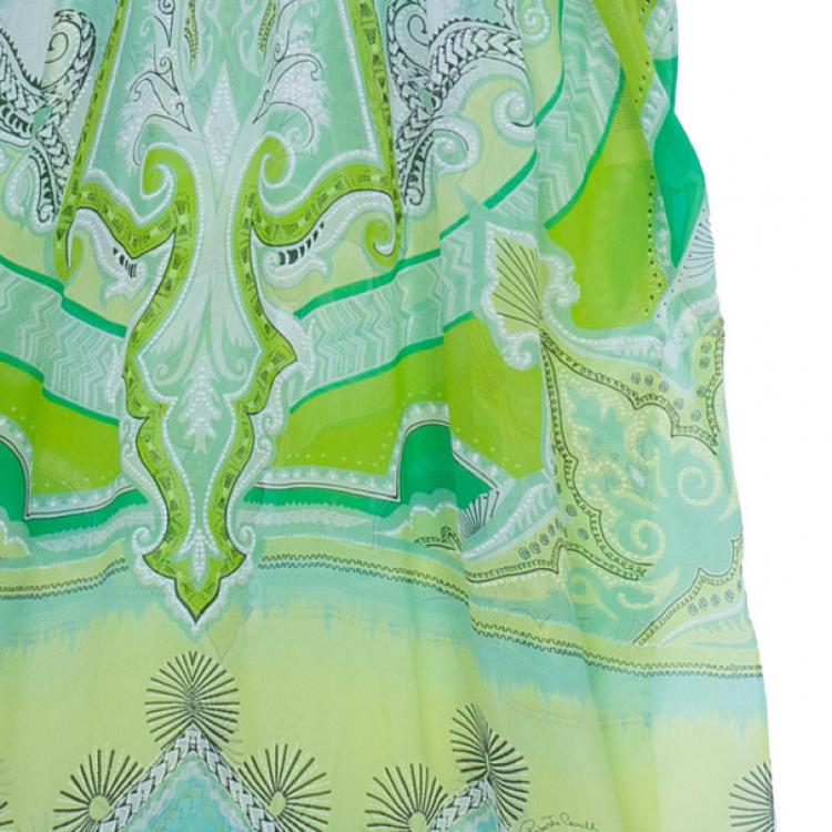 Pre Owned Roberto Cavalli Green Silk Printed Kaftan M