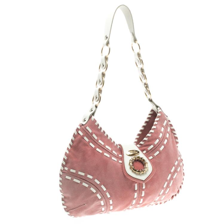 Pre Owned Roberto Cavalli Pink/White Suede Freedom Hobo