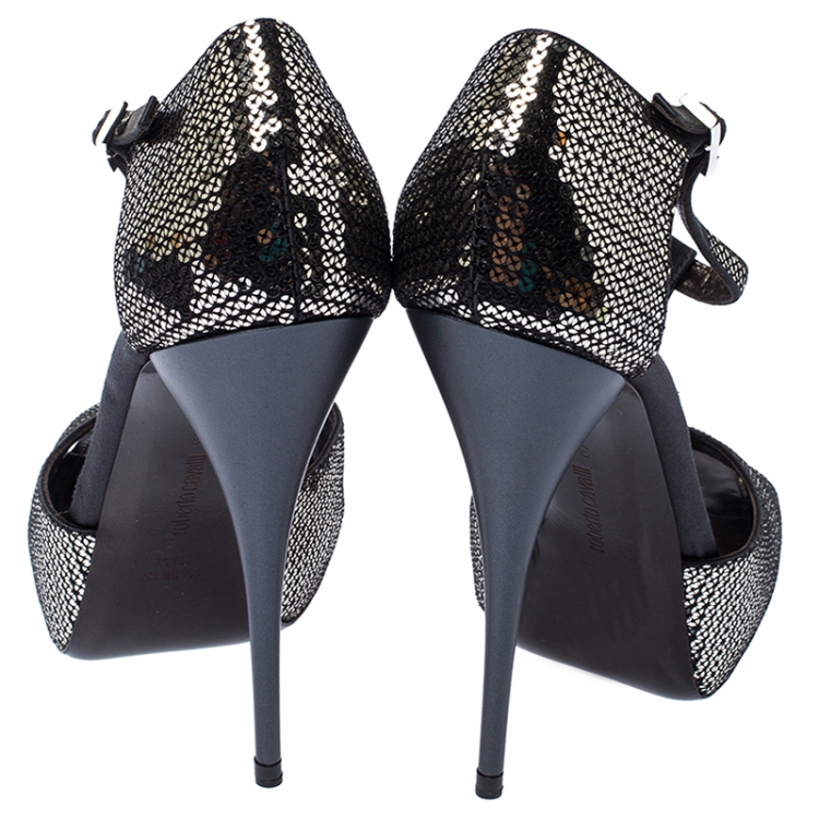 Pre Owned Roberto Cavalli Metallic Silver Sequin Platform Ankle Strap Sandals Size 38