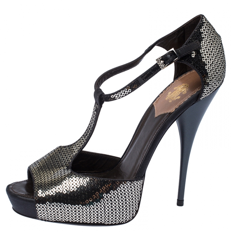 Pre Owned Roberto Cavalli Metallic Silver Sequin Platform Ankle Strap Sandals Size 38