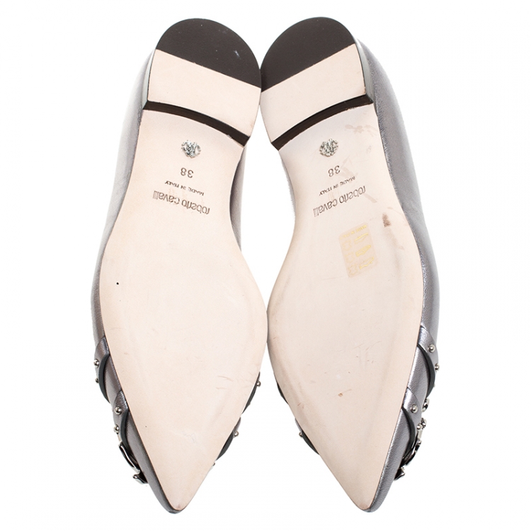 Pre Owned Roberto Cavalli Silver Leather Studded Logo Buckle Detail Ballet Flats Size 38