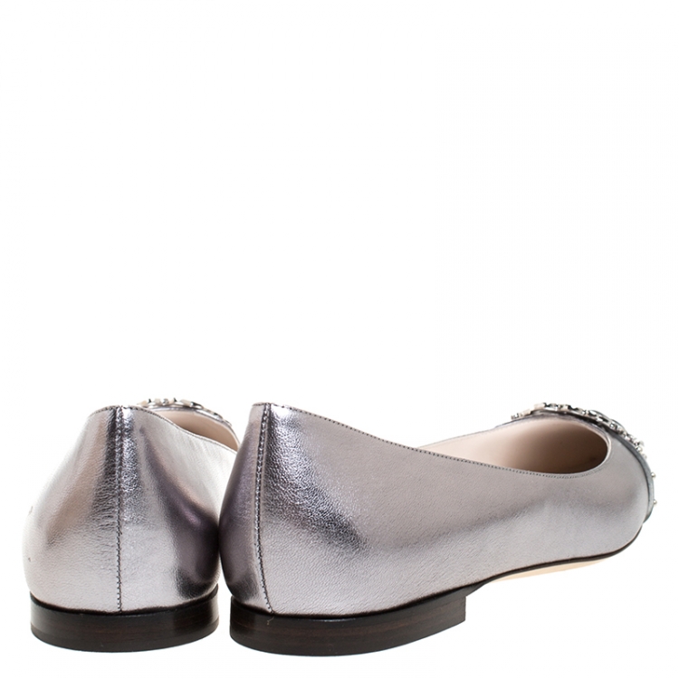 Pre Owned Roberto Cavalli Silver Leather Studded Logo Buckle Detail Ballet Flats Size 38