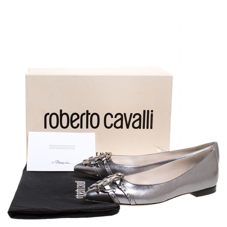 Pre Owned Roberto Cavalli Silver Leather Studded Logo Buckle Detail Ballet Flats Size 38