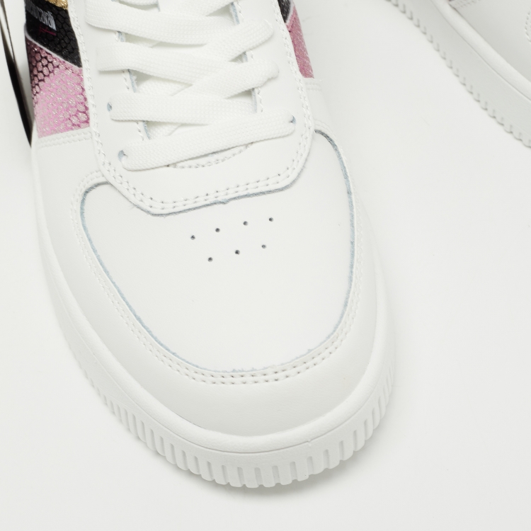 Pre Owned Roberto Cavalli White Glitter and Leather Python Embossed Panelled Low Top Sneakers Size 40