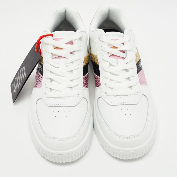 Pre Owned Roberto Cavalli White Glitter and Leather Python Embossed Panelled Low Top Sneakers Size 40