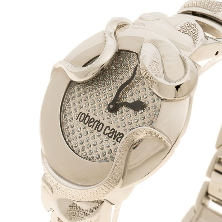 Pre Owned Roberto Cavalli Silver Snake Stainless Steel Classic Women's Wristwatch 38 mm